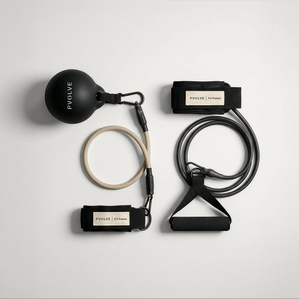 P.volve exercise equipment including resistance bands and a patented badge.