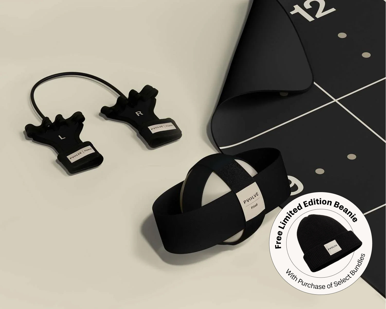 P.volve fitness equipment set with P.ball, P.band, Precision Mat, and tablet showing membership.