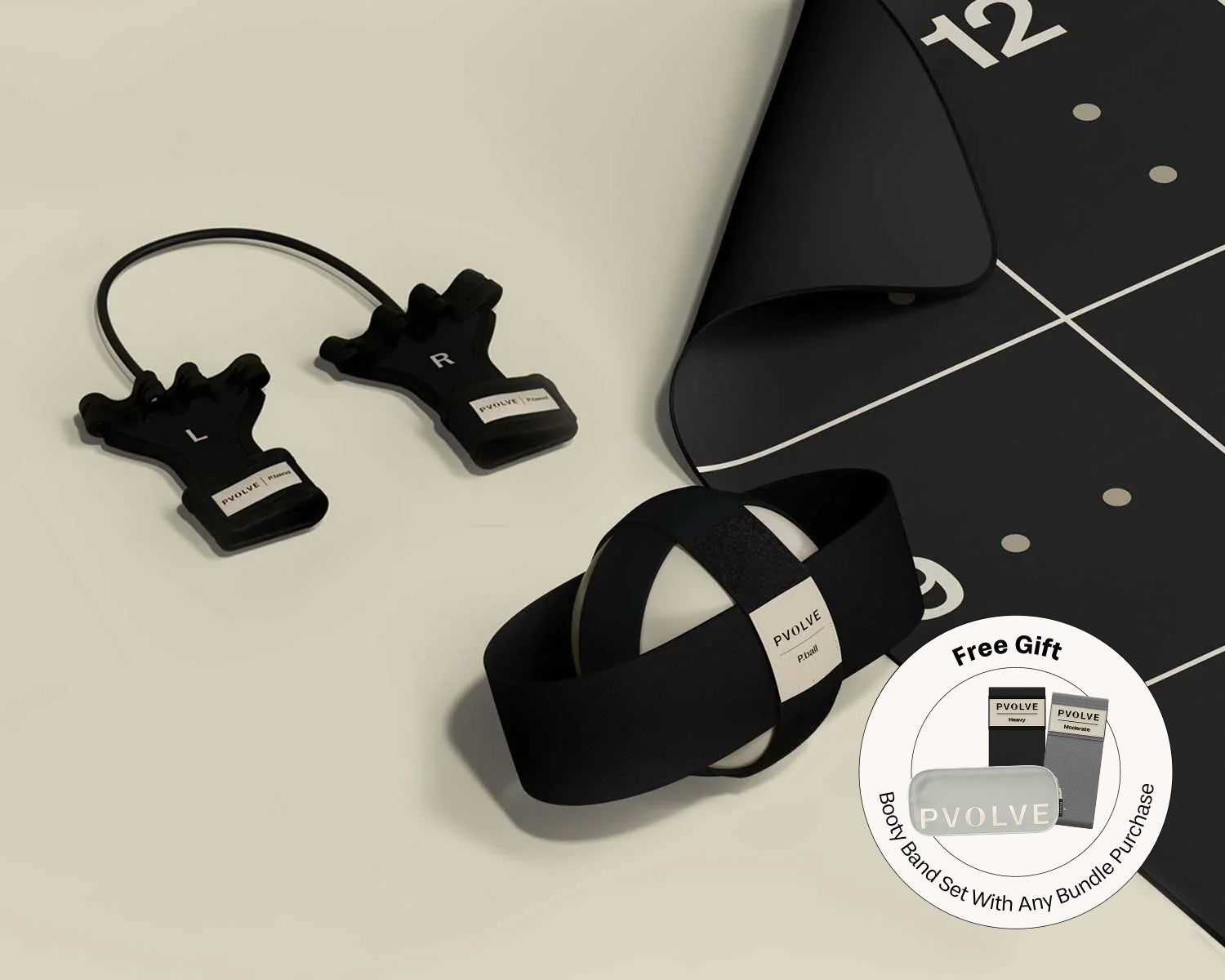 P.volve fitness equipment set with P.ball, P.band, Precision Mat, and tablet showing membership.