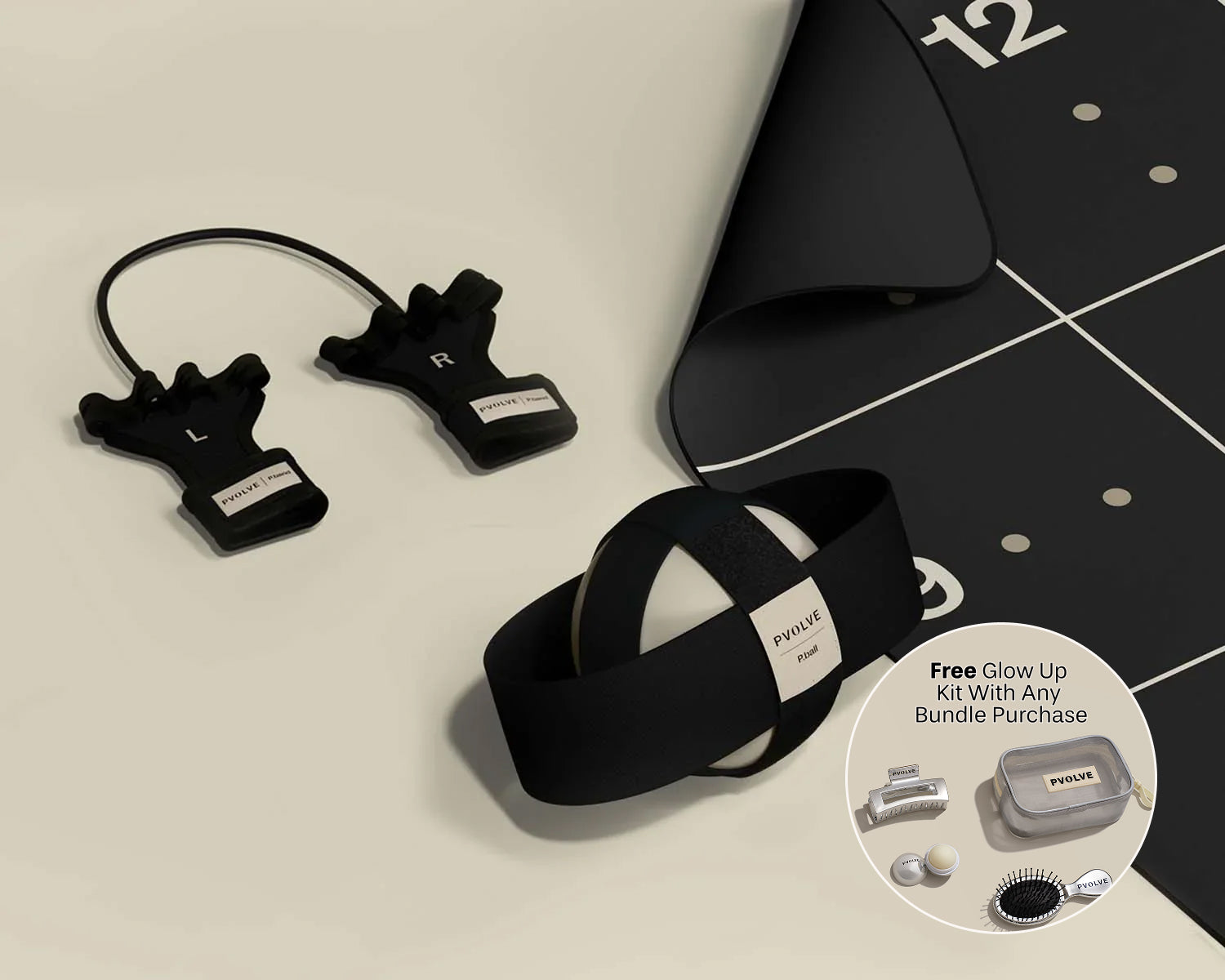 P.volve fitness equipment set with P.ball, P.band, Precision Mat, and tablet showing membership.