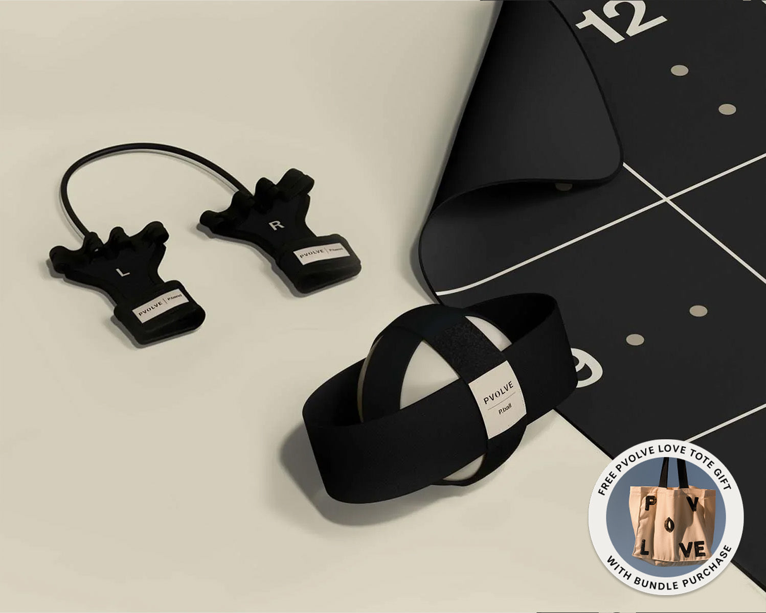 P.volve fitness equipment set with P.ball, P.band, Precision Mat, and tablet showing membership.