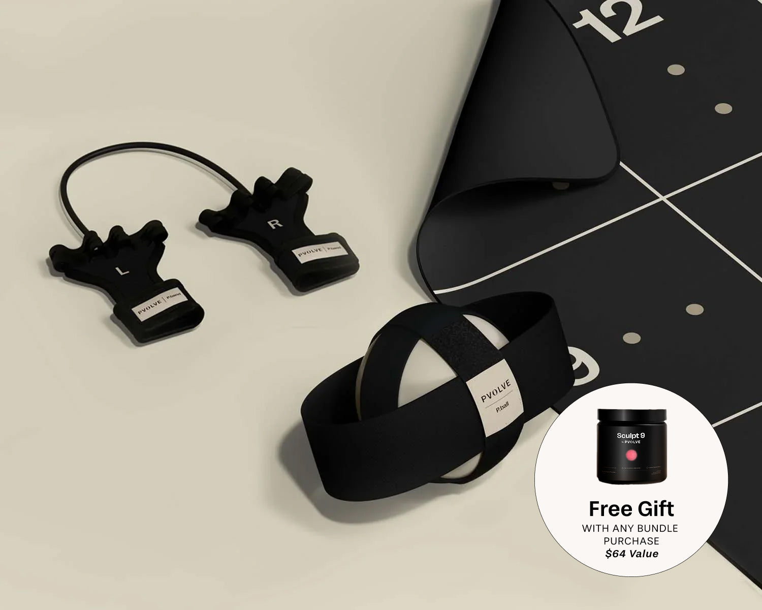 P.volve fitness equipment set with P.ball, P.band, Precision Mat, and tablet showing membership.