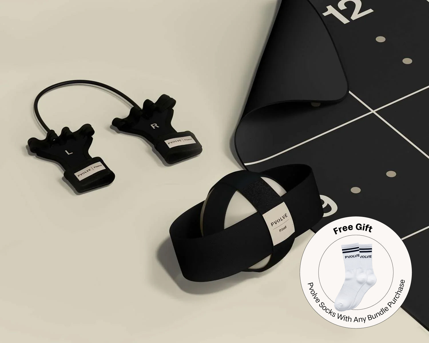 P.volve fitness equipment set with P.ball, P.band, Precision Mat, and tablet showing membership.