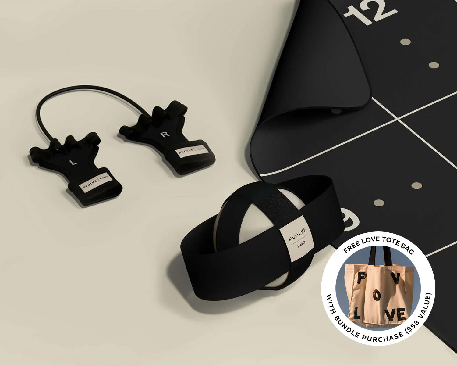 P.volve fitness equipment set with P.ball, P.band, Precision Mat, and tablet showing membership.