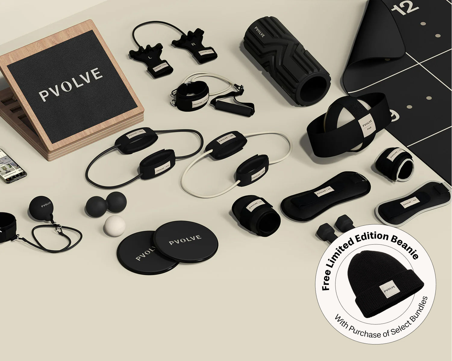 Collection of P.volve fitness equipment including weights, resistance bands, and exercise accessories.