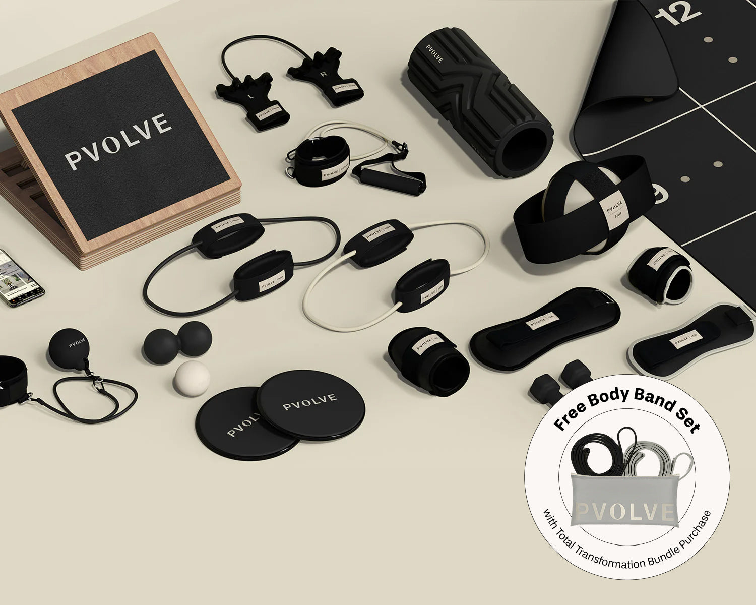 Collection of P.volve fitness equipment including weights, resistance bands, and exercise accessories.