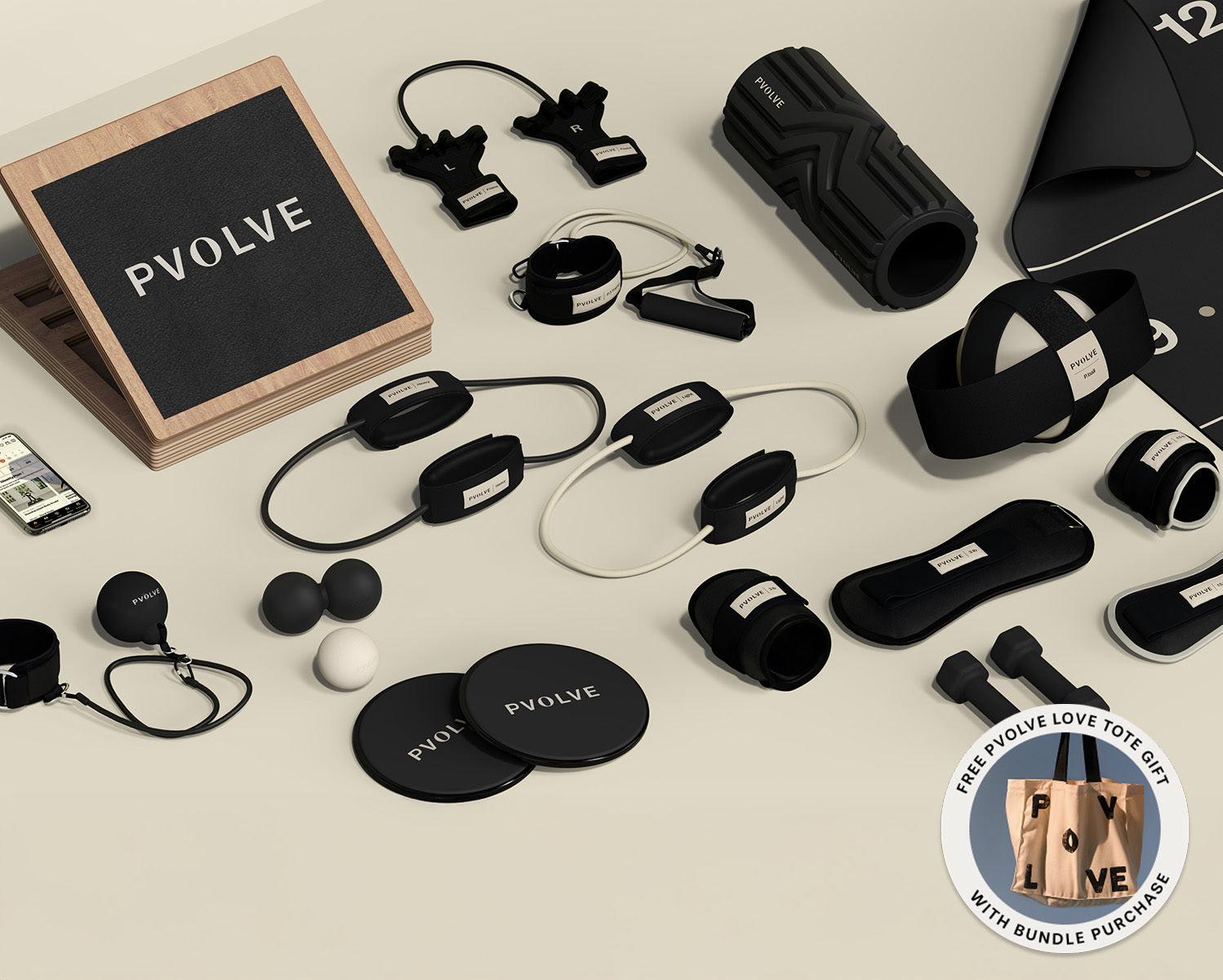 Collection of P.volve fitness equipment including weights, resistance bands, and exercise accessories.