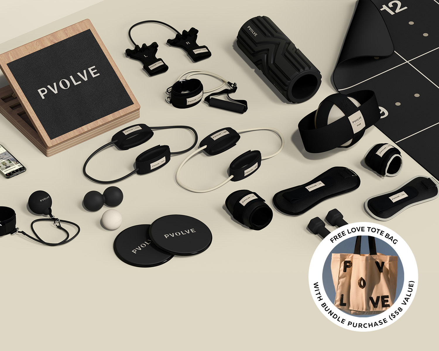 Collection of P.volve fitness equipment including weights, resistance bands, and exercise accessories.