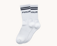 White socks with black stripes and 'PVOLVE' text on a white background